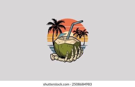 hand skeleton holding coconut on beach vector flat design