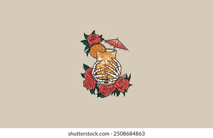 hand skeleton holding glass with red rose flowers vector flat design