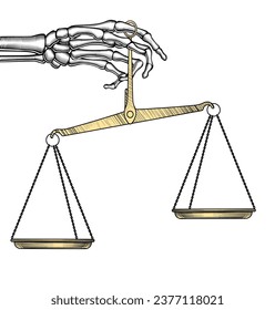 The hand of a skeleton holding the golden scales of justice with a cross. The topic of jurisprudence, justice, balance, truth, the rule of law. Vector illustration.