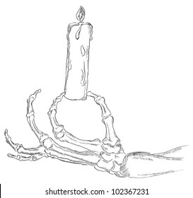Hand skeleton holding a lighted candle. Vector illustration.