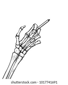The hand of the skeleton holds a cigarette vector handdrawn lineart illustration