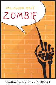 Hand skeleton on orange brick wall , Design for Halloween poster,card,Vector illustrations