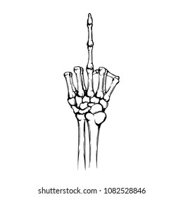 Hand of the skeleton with raised up middle finger. Rude gesture, fuck you, symbol. Hand drawn human hand with bones isolated on white background. Vintage grunge technique. Vector