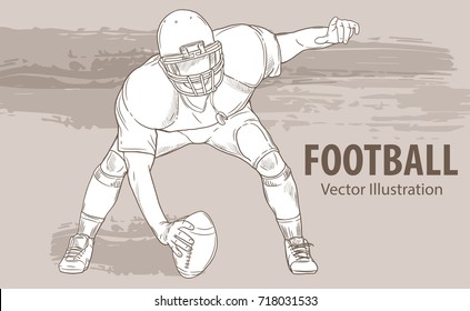 Hand sketch of American football player. Vector sport illustration. Graphic silhouette of the athlete with ball on background design. Active people. Recreation lifestyle. Man.