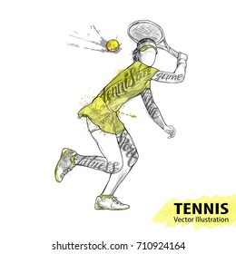 Hand sketch of American tennis player. Vector sport illustration. Watercolor silhouette of the athlete with thematic words. Text graphics, lettering. Active people. Recreation lifestyle. Women.
