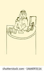 Hand Sketch of An Arabian man at a desk, busy working 