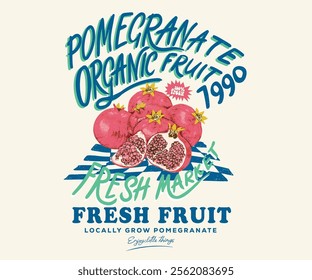 Hand sketch artwork. Pomegranate fruit artwork. Fresh pomegranate fruit print. Nature watercolor design. Fresh food artwork for for t shirt. Always organic. Summer food poster design.