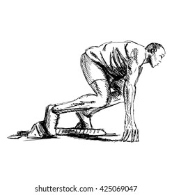 Hand sketch athlete on track starting to run. Vector illustration