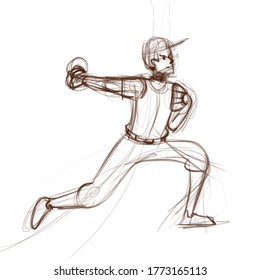 Esbozo de mano concepto de personaje de jugador de béisbol. Ilustración vectorial deportiva aislada en blanco