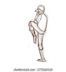 Esbozo de mano concepto de personaje de jugador de béisbol. Ilustración vectorial deportiva aislada en blanco