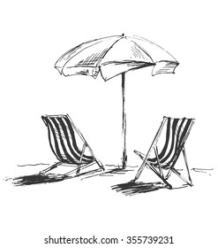 Hand sketch with beach chairs and parasols