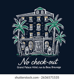 Hand sketch beach hotel graphics. Eco resort vintage t-shirt print design for vector graphic. summer beach artwork one color screen print design