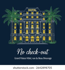 Dibujo a mano de los gráficos del hotel de playa. Diseño de impresión de camiseta vintage de Eco resort para gráfico de Vector. diseño de impresión de pantalla en color de una obra de arte de playa de verano.