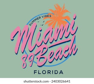 Hand sketch beach vector design. Sunrise  t-shirt prints and other uses. Miami beach 80s print. Summer vintage graphic print design. 