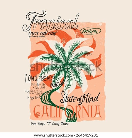 Hand sketch beach vector design. Summer hand drawn print, sunset or sunrise tropical palm beach, long beach slogan text print , Summer vintage graphic print design. Beach vibes with board print design