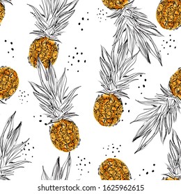 Hand sketch with black ink Seamless pattern. Pineapple background. Vector EPS10 illustration. Design for invitations, fashion,fabric , wrapping paper,all graphic type