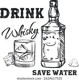 Hand sketch, bottle of alcohol, glass, drink. Party poster with inscription, scotch whiskey, retro