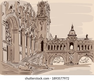 Hand sketch of a building facade in the classic Rococo style. Palace Square with arches and steps.