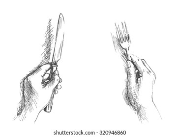 Hand Sketch By Hand With A Knife And Fork