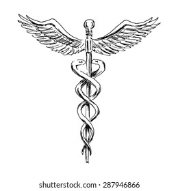 hand sketch Caduceus medical symbol