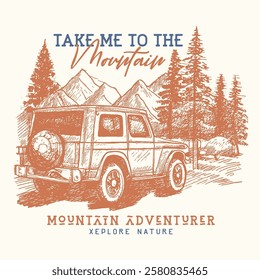 hand sketch Car and camping design. Outdoor vintage graphic print, Mountain with tree vintage print design. Outdoor at the mountain retro tee design, Mountain and car design. Summer road trip tee