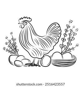 Hand sketch of chicken, rooster eggs. Different poses of bird sitting, standing. Vintage illustration. Element for label, packaging and postcard design.