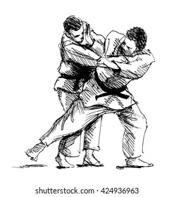 Hand sketch competing judo. Vector illustration