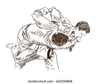 Hand sketch competing judo in Vector illustration