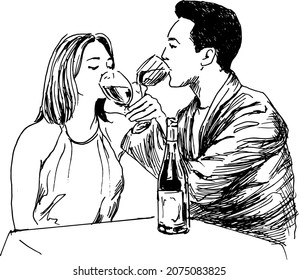 Hand sketch of a couple drinking wine. Vector illustration.