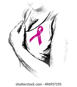 Hand sketch of detail woman with a pink ribbon. Vector illustration