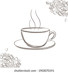 Hand sketch drawing coffee cup with grains.