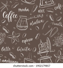 Hand sketch drawing coffee elements background, seamless pattern.