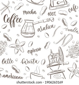 Borde de los elementos de café de dibujo manual, patrón sin fisuras.