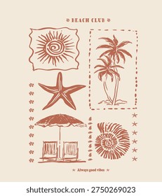 Hand sketch drawing summer beach graphic design. typography beach club slogan print. perfects for tee shirt sweatshirt design. kids boys girls use this print 