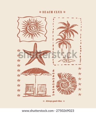 Hand sketch drawing summer beach graphic design. typography beach club slogan print. perfects for tee shirt sweatshirt design. kids boys girls use this print 