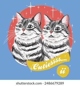 Hand Sketch Drawn Cute Twin Cats Poster Bildschirmhintergrund Hintergrund T-Shirt Sweatshirt Grafik Platzierung Druck Mode Vektorgrafik Kunstwerk