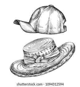 Hand sketch. Element for a picnic-style Doodle on a white background. Set of Summer hats and cap a woman's hat.
