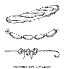 Hand sketch. Element for a picnic-style Doodle on a white background. set of products for a picnic. Skewer kebab, sausage, baguette bread.