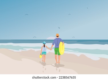 Hand sketch of father with daughter on the beach, Vector illustration.
