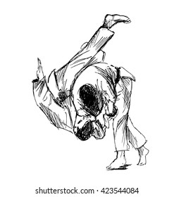 Hand sketch fighting judo. Vector illustration