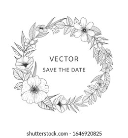 Hand sketch floral wreath as wedding, birthday decoration. Separated full elements. Engraving botanical background with dogrose flowers, cherry blossom, floral elements and wildflowers. Vector