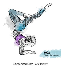 Hand sketch of a girl doing yoga. Vector sport illustration. Watercolor silhouette of the athlete with thematic words. Text graphics, lettering.