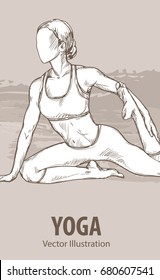 Hand sketch of a girl doing yoga. Vector sport illustration. Graphic silhouette of the athlete on background design.