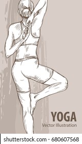 Hand sketch of a girl doing yoga. Vector sport illustration. Graphic silhouette of the athlete on background design.