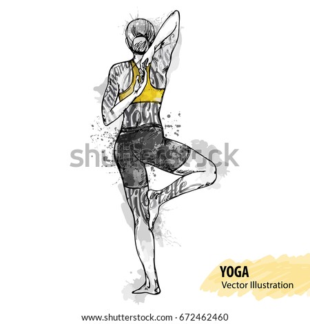 Hand sketch of a girl doing yoga. Vector sport illustration. Watercolor silhouette of the athlete with thematic words. Text graphics, lettering.