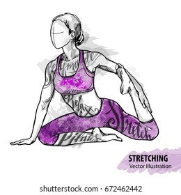 Hand sketch of a girl stretching. Vector sport illustration. Watercolor silhouette of the athlete with thematic words. Text graphics, lettering.