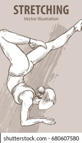 Hand sketch of a girl stretching. Vector sport illustration. Graphic silhouette of the athlete on background design.