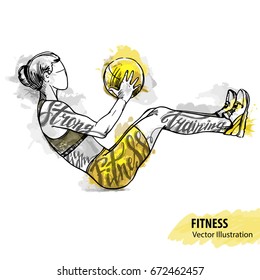 Hand sketch of a girl is training with a ball. Vector sport illustration. Watercolor silhouette of the athlete with thematic words. Text graphics, lettering.