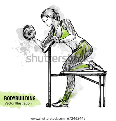 Hand sketch of a girl is training with dumbbells. Vector sport illustration. Watercolor silhouette of the athlete with thematic words. Text graphics, lettering.