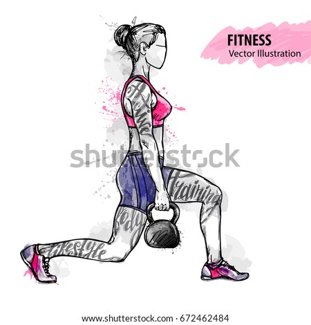 Hand sketch of a girl is training with weight. Vector sport illustration. Watercolor silhouette of the athlete with thematic words. Text graphics, lettering.